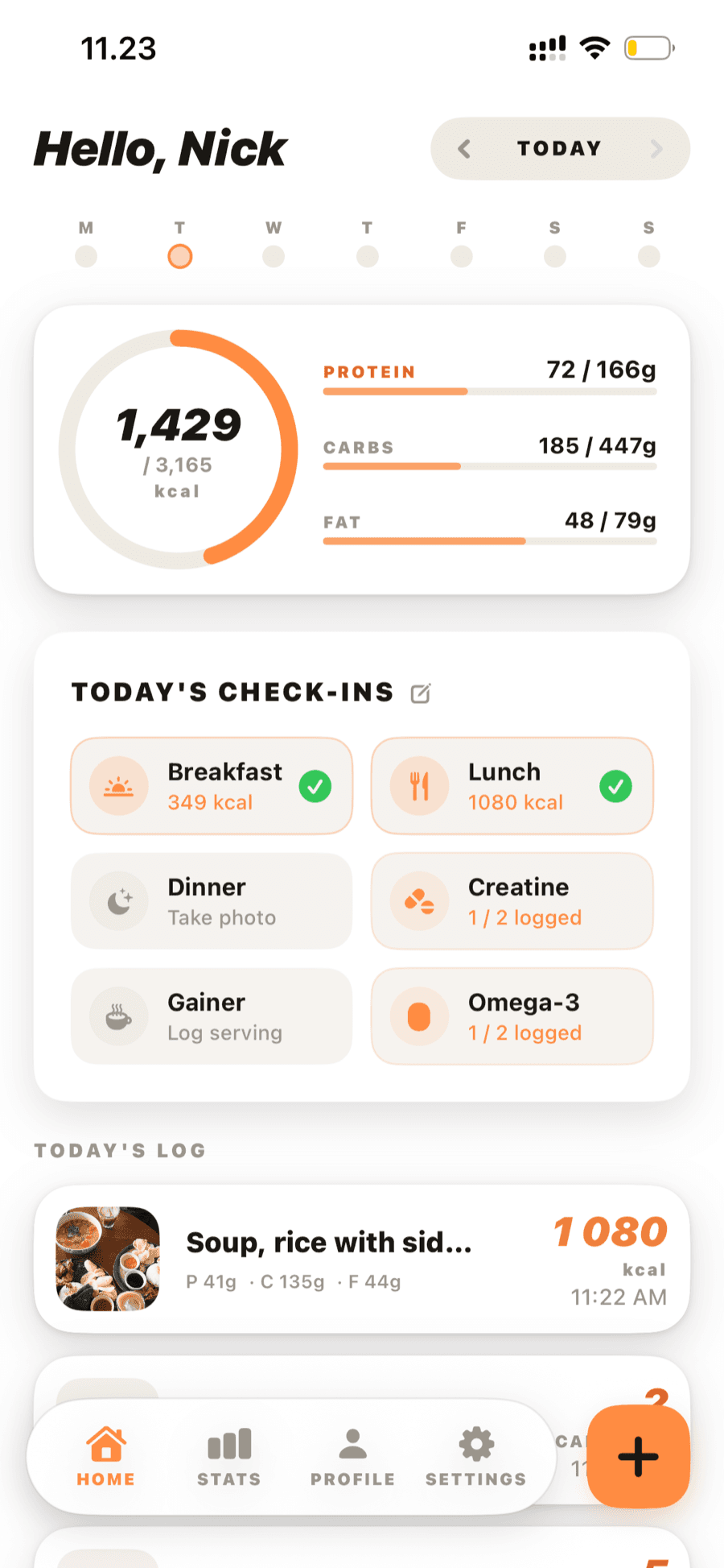 The Scoop app dashboard showing calories, protein and macros